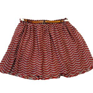 MOSSIMO short skirt belted size large scalloped dot pattern brown red blue.